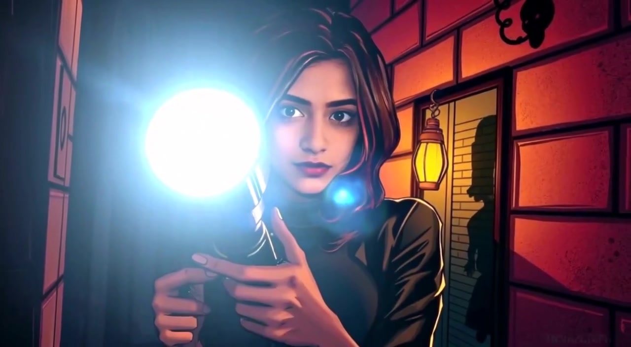 The woman slowly shines a flashlight on a doll, shadows flickering in the dimly lit room.