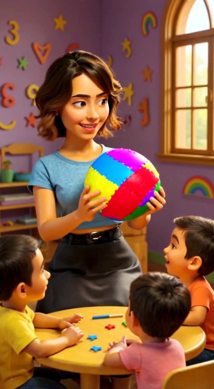The children laugh gently while passing a colorful ball in a sunny classroom filled with sunlight.