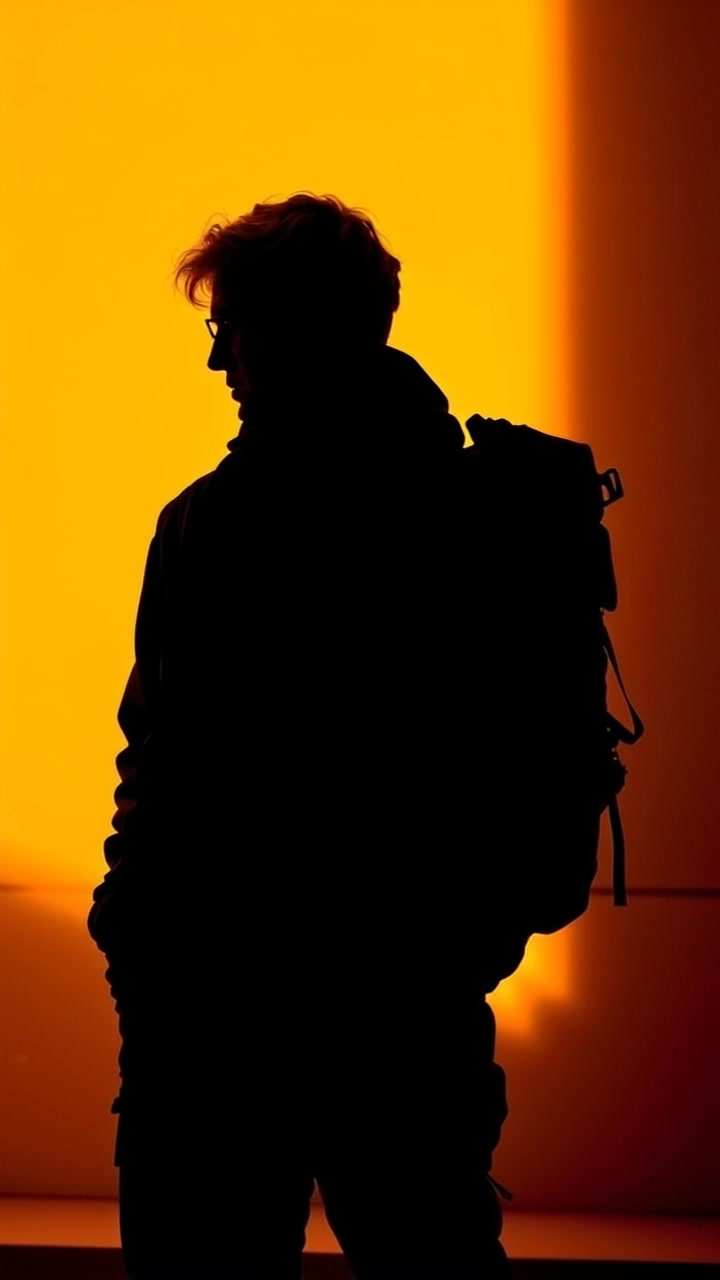 John stands alone in hiking gear, looking contemplatively at the ground.