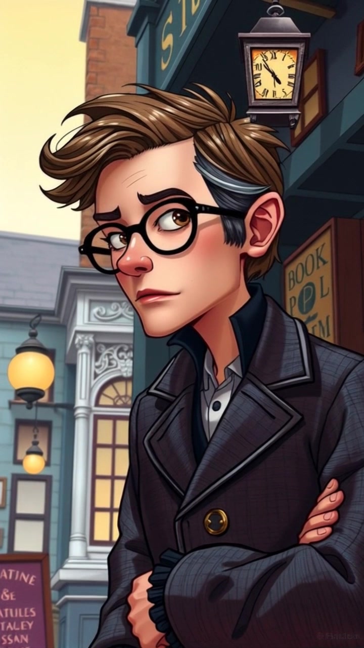 Subject (Tweed jacket, Glasses, Quaint bookstore) + Subject movement (Standing still) + Scene (Outside a quaint bookstore) + Camera Language (Slow tracking shot, Close up) + Lighting (Soft morning light) + Atmosphere (Nostalgic)