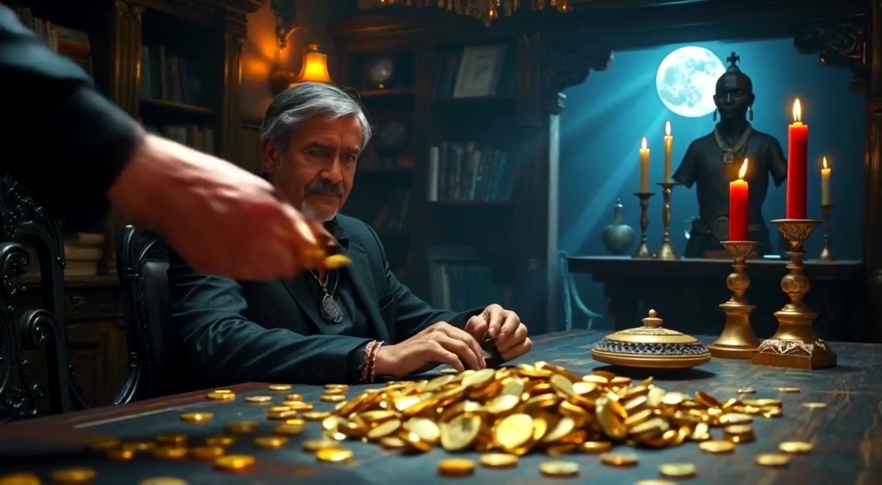 The merchant carefully counts gold coins, their fingers gracefully moving over the shimmering jewels on the wooden table.