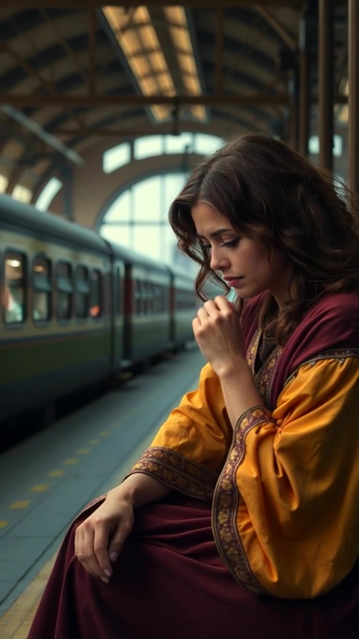 Subject: A worried individual sitting on a bench in a train station. Subject movement: She glances anxiously at her watch, fidgeting with her hands. Scene: A bustling train station filled with people and platforms, the sounds of trains arriving in the background. Style: Ambient lighting with soft shadows creating a sense of urgency. Motion: The camera begins with a close-up of her face, then slowly pushes back to reveal the crowded station environment, capturing the contrast between her stillness and the movement around her.