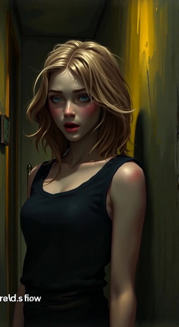 The woman hesitates, glancing nervously down the dimly lit hallway, shadows shifting quietly around her.