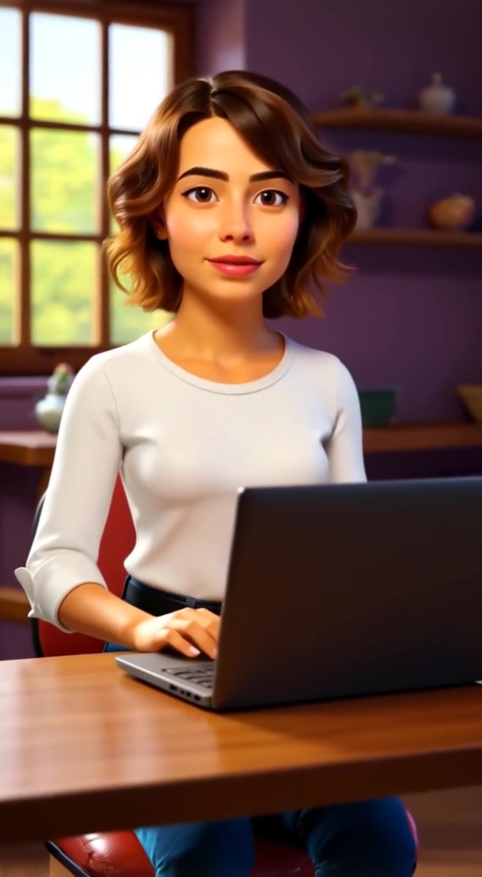 The woman gently types on her laptop, concentrating intently on the screen as her surroundings fade away.