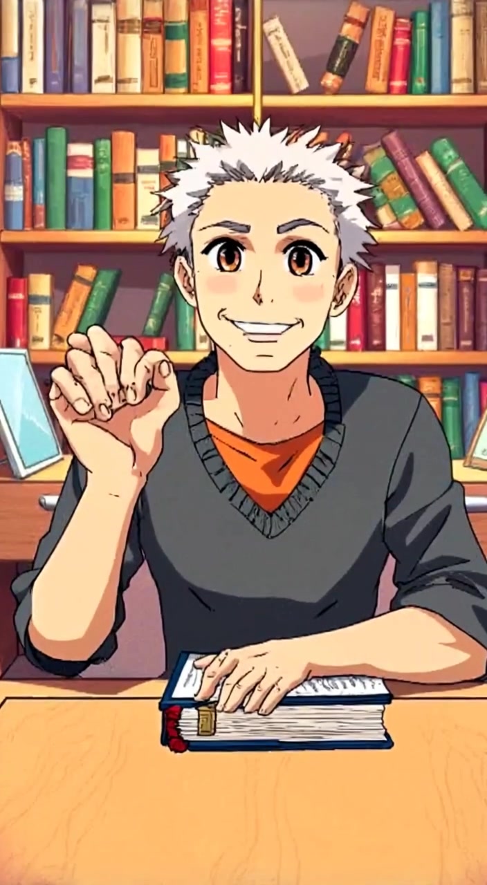 The man gently turns the page of a book while smiling in a cozy library.