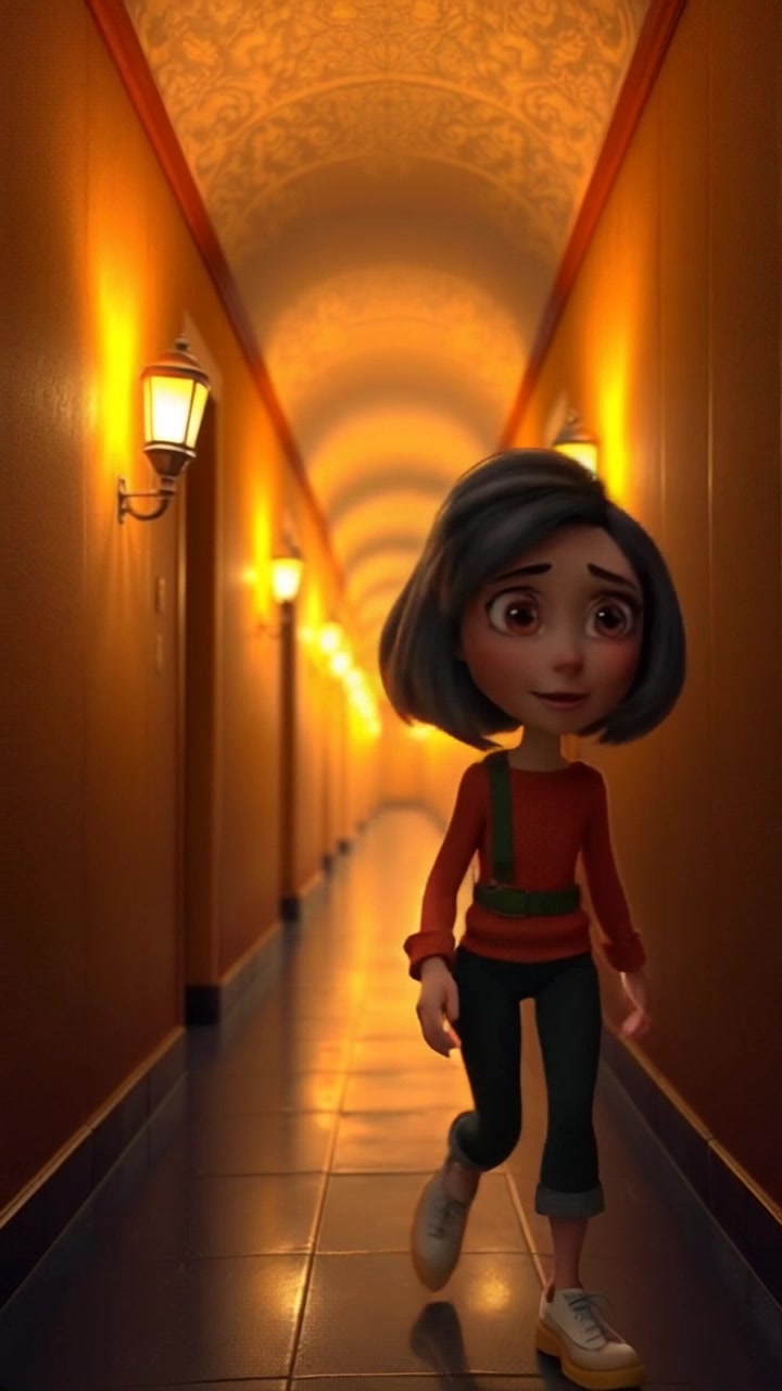Scene: A long, dimly lit hallway bathed in flickering torchlight, with shadows dancing along the stone walls. Motion: The camera follows closely behind as you advance cautiously down the corridor, capturing the flickering light and the soft sounds of your footsteps echoing. Style: Moody lighting enhances the suspenseful atmosphere, while subtle camera movements create a sense of unease as you progress deeper into the unknown.