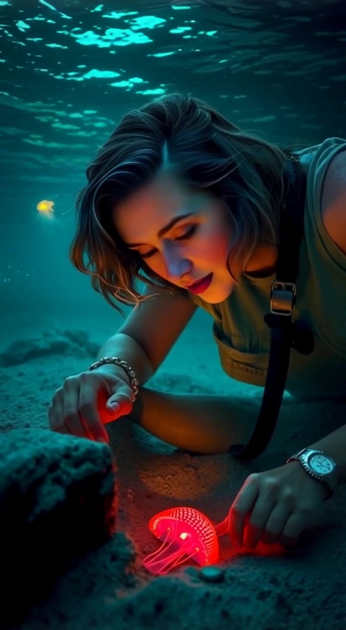 The woman gently moves through the water, sifting sand while examining the ancient Roman shipwreck.