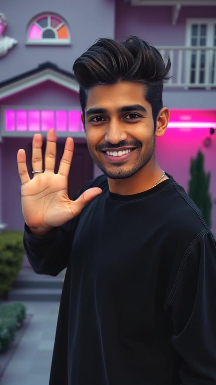 Manoj Saroj, donning a blue plaid shirt and jeans, stands in front of his house, smiling and waving at the camera. The camera smoothly pushes in towards him, capturing his warm gesture against a backdrop of a quaint suburban neighborhood. Soft evening light bathes the scene, creating a welcoming and cheerful atmosphere.