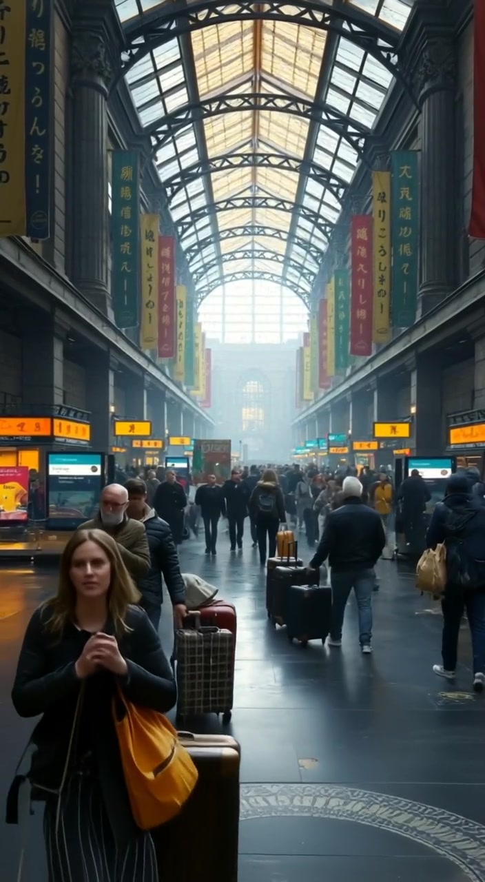 Travelers walking slowly through a bustling airport terminal, wheeling suitcases and gazing at departure signs.