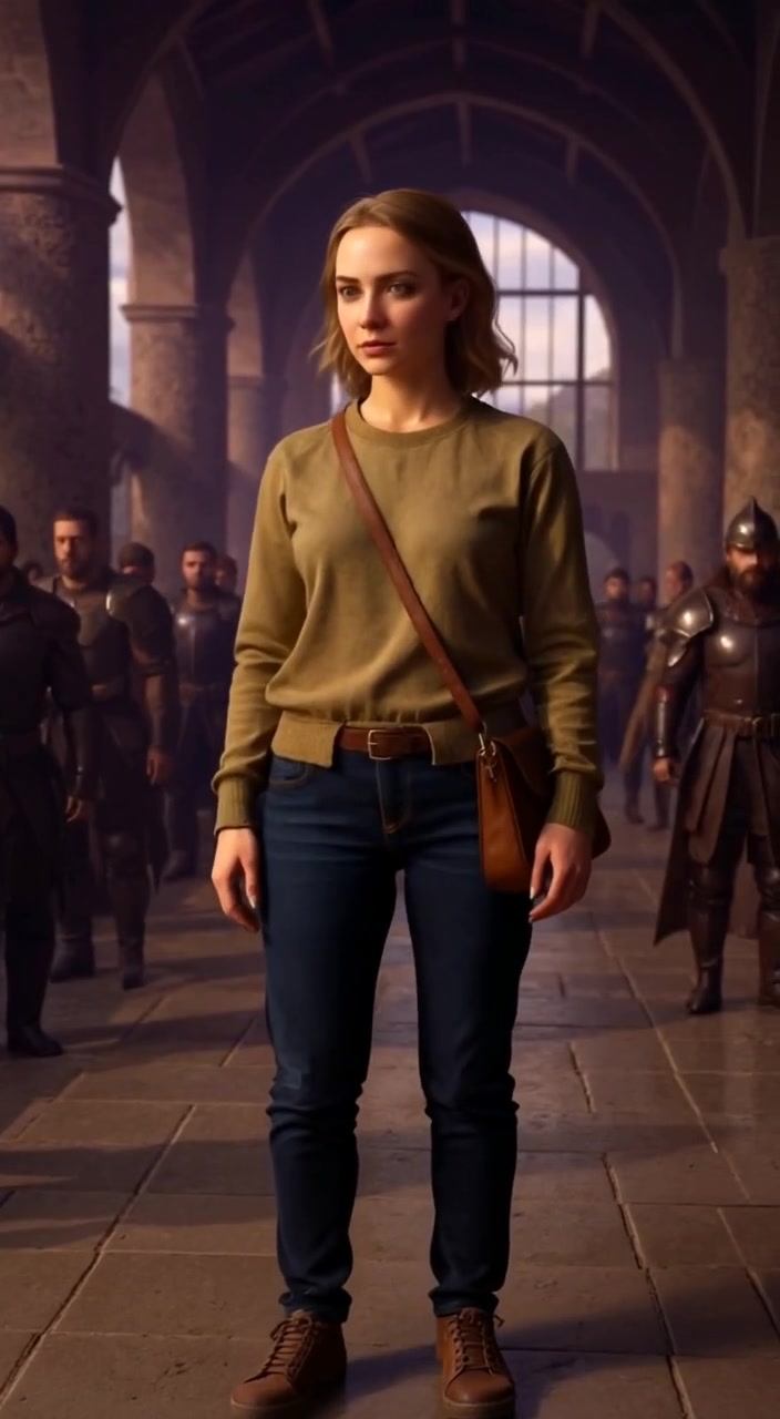 The woman scans the bustling terminal, observing the crowd with a confident gaze and a sense of purpose.