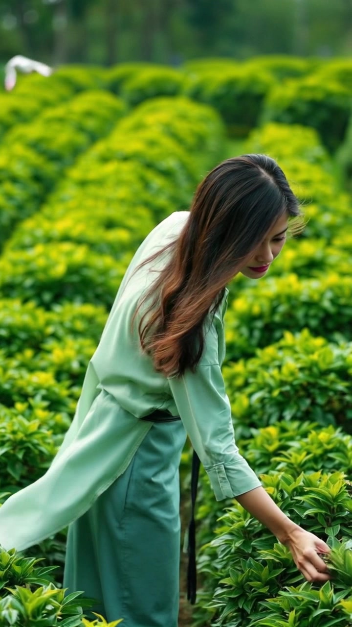 A tea picker in a light green tunic, bending over, picking tea leaves in a lush green tea garden with birds flying above.