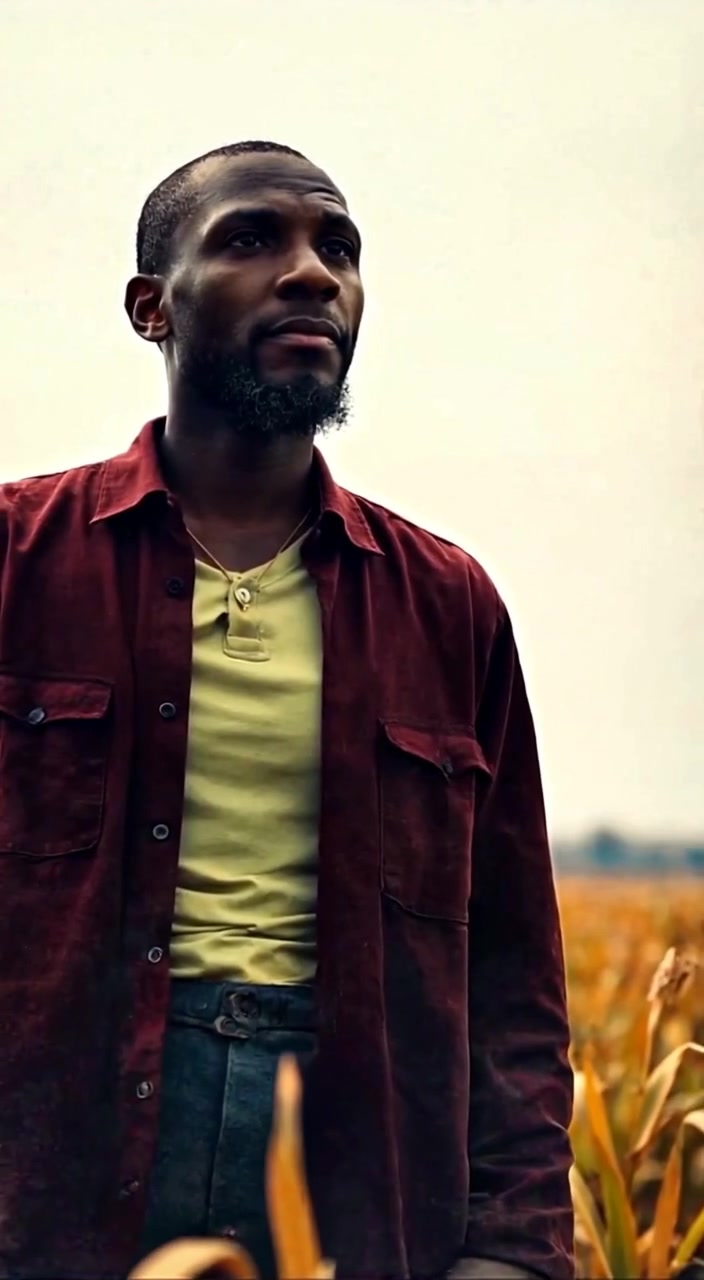 The man gazes into the distance, wind gently swaying the crops around him in the bright sunlight.