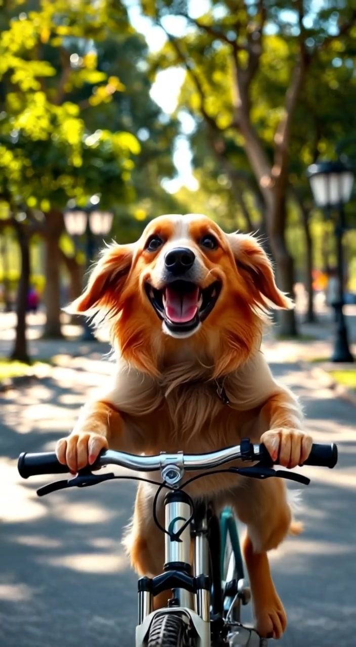 Doggy joyfully riding his new bicycle down a sunny park path, trees lining either side.