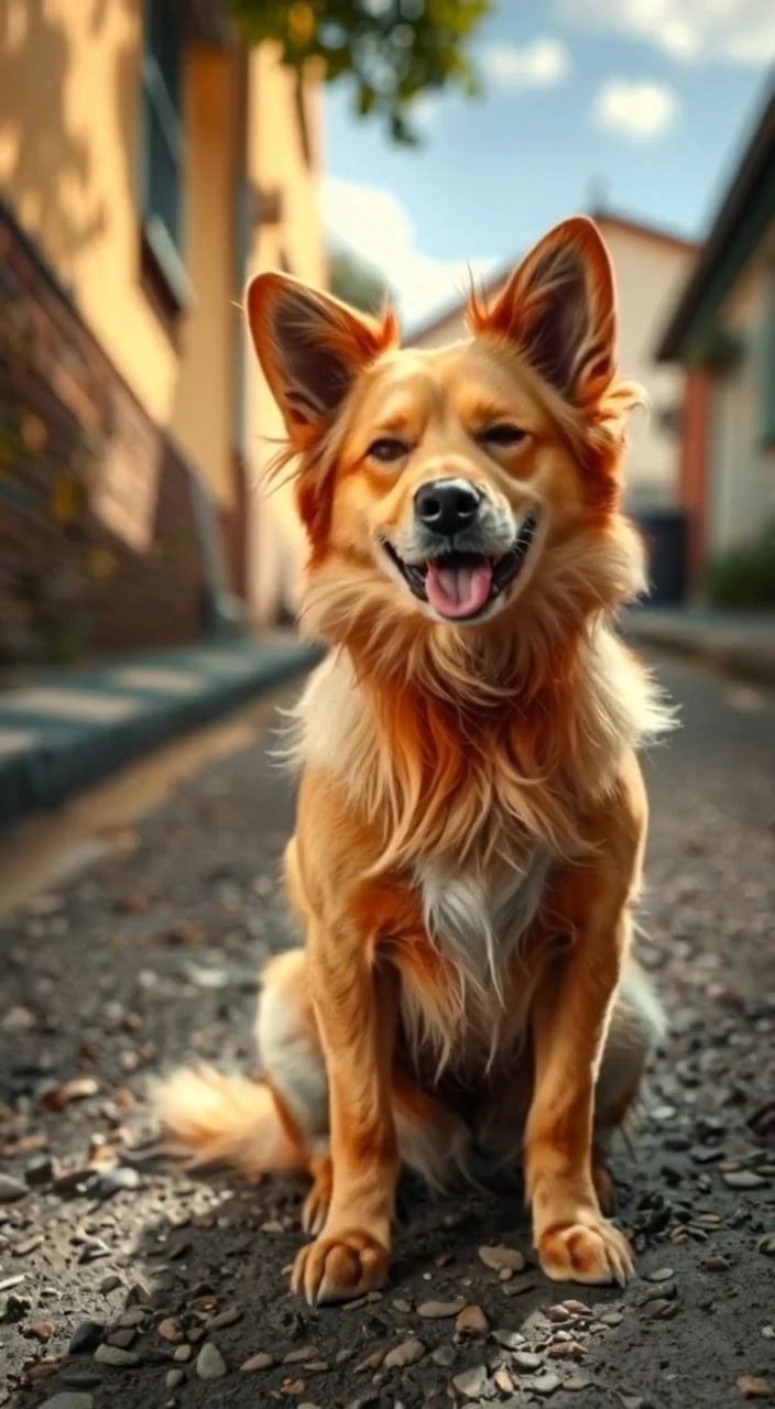 Doggy with a surprised expression, sitting on a grassy hill, with a bright sky overhead.