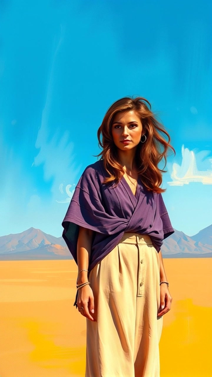 The Brave Woman, with her determined expression and flowing red hair, stands still in the center of a vast, empty desert landscape under a clear blue sky. The camera slowly pans around her in a 360-degree rotation, emphasizing the vastness of the desert. Ambient lighting and a sense of solitude create a serene and contemplative atmosphere.