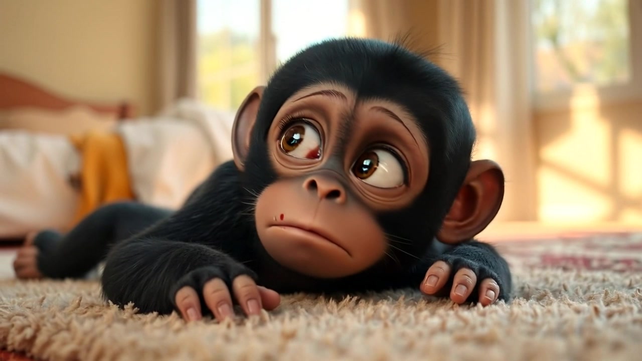A young monkey lying on the floor with a sad expression, a small bruise visible on its head, the bed in the background.