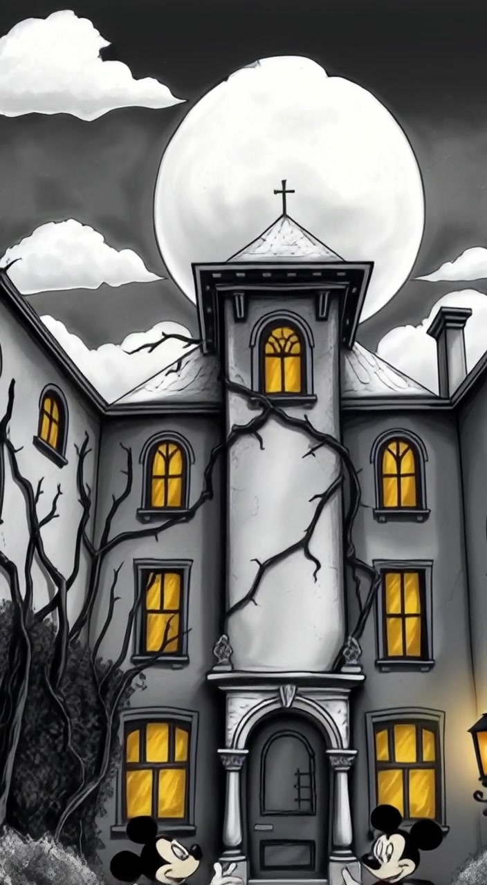A gentle breeze moves the overgrown vines on the cracked walls of the eerie mansion under a dark sky.