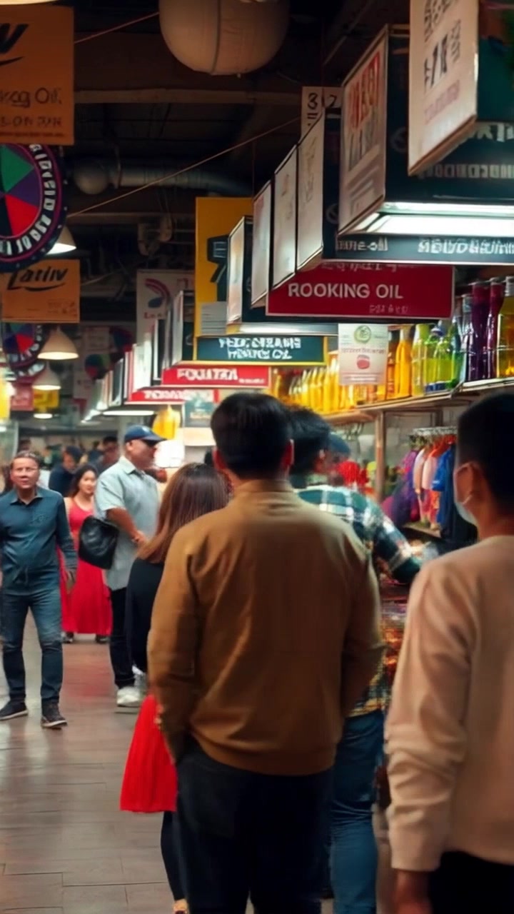 Scene: A bustling marketplace vibrant with various stalls selling cooking oil, surrounded by diverse shoppers engaging in lively conversations. Style: Bright, natural lighting highlighting the colorful displays and animated interactions. Motion: The camera moves through the crowded market, weaving between stalls and capturing the energy of the shoppers as they browse and negotiate.