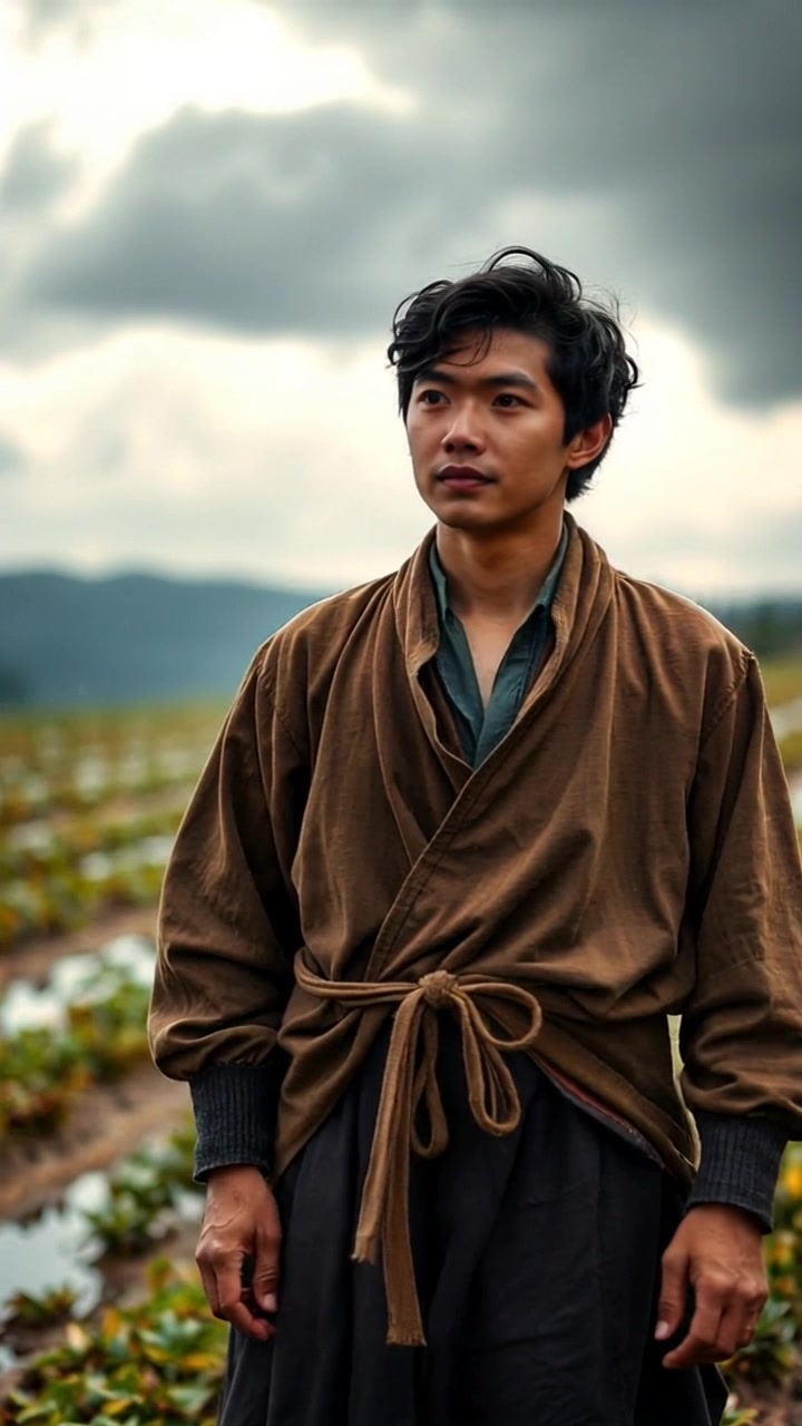A tall male farmer in brown traditional attire stands firm in a rain-soaked field as dark clouds loom overhead. Slowly push in towards the farmer to capture the determination in his eyes, enhance the scene with subtle lighting to showcase the moody atmosphere.