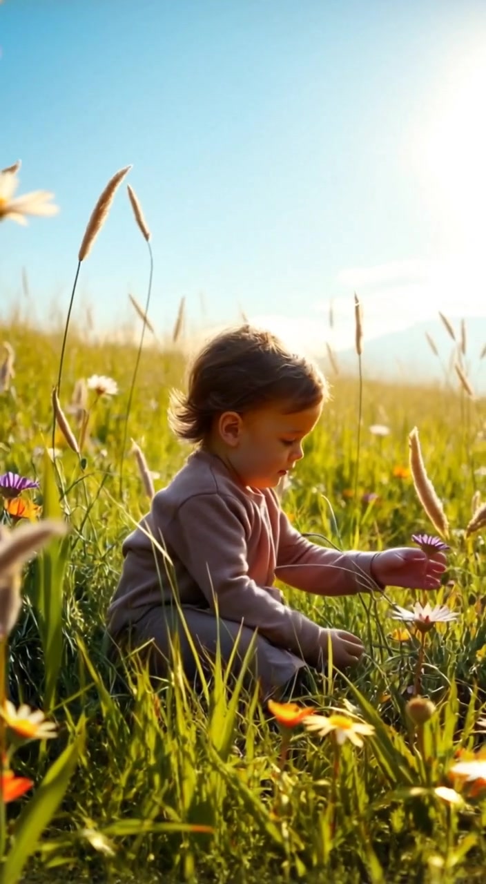 The child gently picks a flower, with sunlight streaming through the trees in the background.