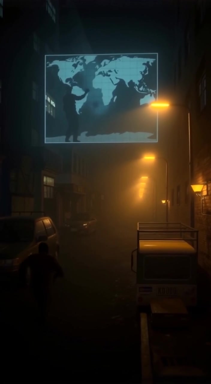 A foggy street at night with dim streetlights casting shadows, hinting at a fleeing figure in the distance.