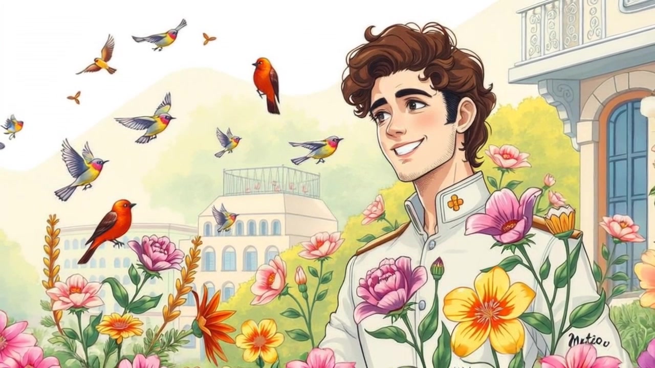 Scene: A serene garden in Monaco with vibrant blooming flowers and birds flitting about, while the Prince smiles warmly at his surroundings. Style: Bright, cheerful lighting with soft shadows highlighting the colorful blossoms. Motion: The camera glides smoothly through the garden, capturing the lively colors and the gentle movement of the birds, eventually panning to frame the Prince among the flowers.