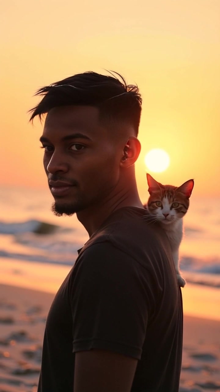 Subject (Sunset casting long shadows, Young boy with cat in silhouette) + Subject movement (Stillness in silhouette) + Scene (Beach setting with long shadows) + Camera Language (Push in slowly, capture long shadows) + Lighting (Sunset light casting warm glow) + Atmosphere (Peaceful, tranquil)