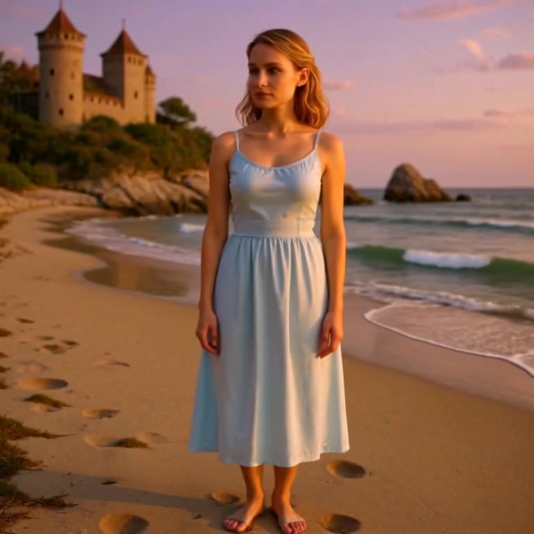 The woman stands peacefully, gazing at ocean waves lapping gently against the sandy beach under a clear blue sky.