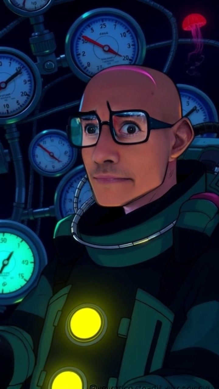 Scene: A deep-sea environment enveloped in shades of blue, featuring pressure gauges and a distressed diver in a suit, struggling against the surrounding water pressure. Style: Dim, ambient light filtering through murky water with hints of bioluminescence. Motion: Camera steadily pushes in towards the diver, capturing the tension in his expression as bubbles escape his helmet, while the ominous silhouettes of underwater life loom in the background.