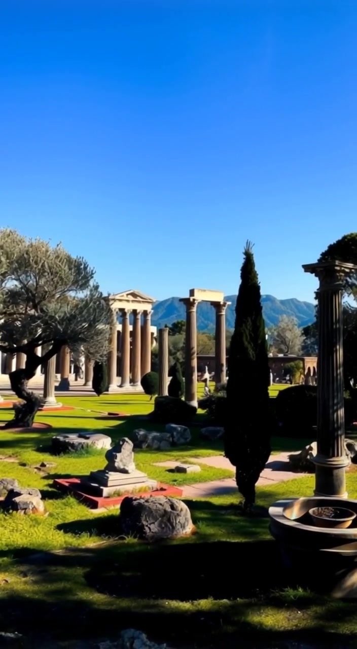 Gentle breeze sways the olive trees as clouds drift lazily across the clear blue sky over ancient Roman ruins.