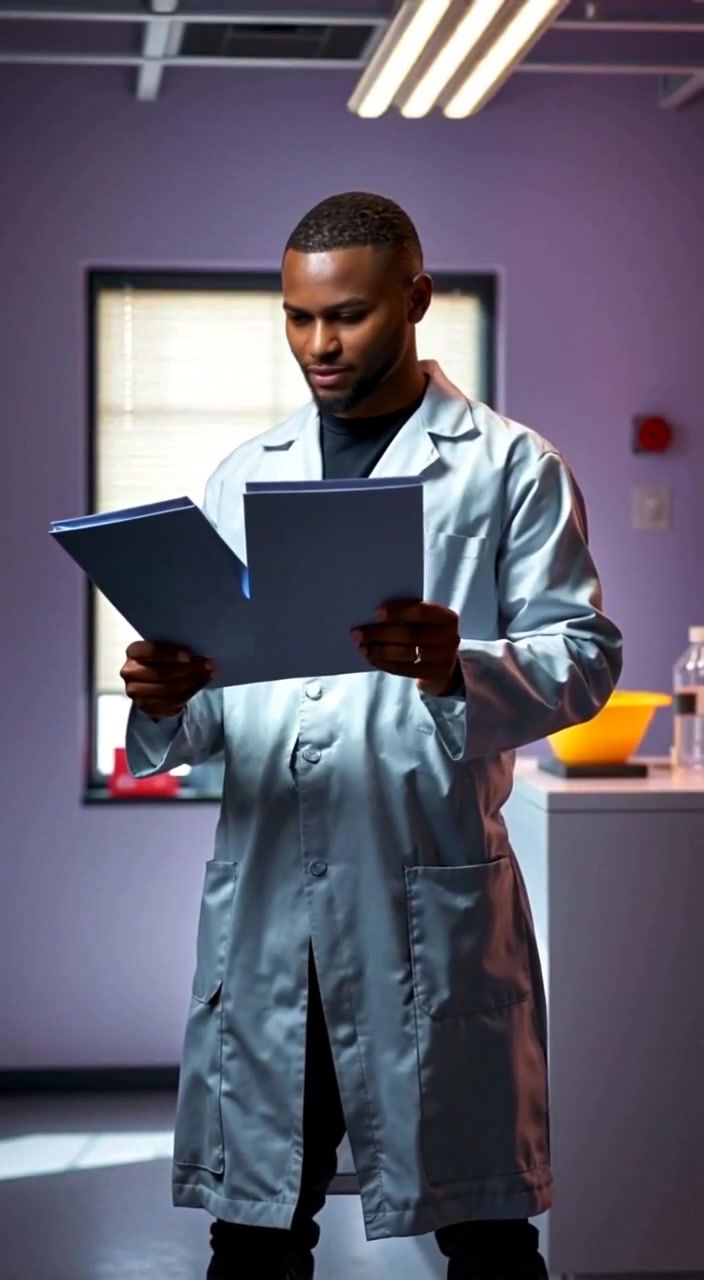The researcher examines the document intently while the lab equipment hums softly in the background.