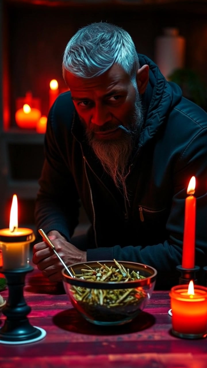 Scene: A dark, shadowy room with flickering candles casting dancing shadows across the wooden table, where herbs are laid out in a bowl. Style: Flickering candlelight creates a moody atmosphere, rich in contrasts and deep shadows. Motion: The camera slowly pushes in on the table, focusing on the herbs, as the soft light flickers dramatically, enhancing the sense of mystery.