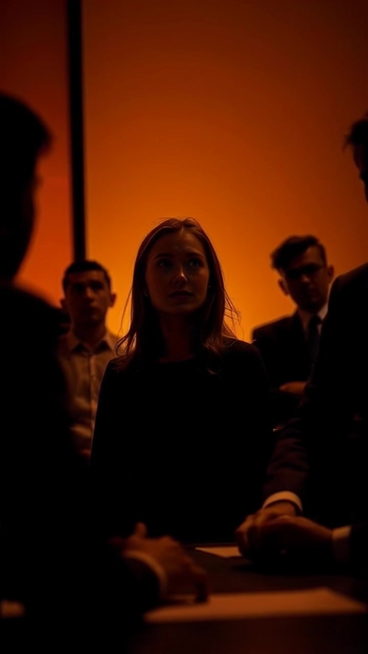 Scene: A meeting room filled with people displaying anxious expressions as they sit around a central table. Style: Soft, diffused lighting creating a subtle, serious atmosphere. Motion: The camera gently pushes in, focusing on the calm figure amid the tension, while capturing the uneasy gestures and expressions of the others in the room.