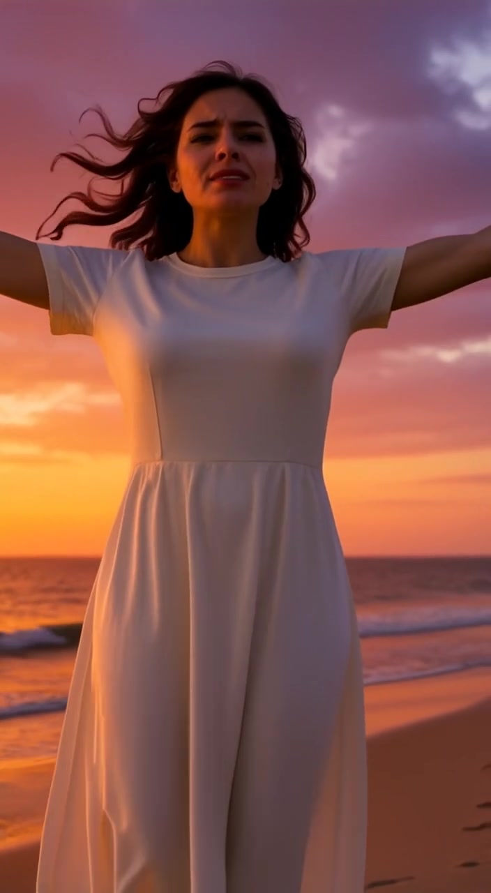 The woman stands on a hilltop, arms outstretched, as the wind gently blows through her hair.