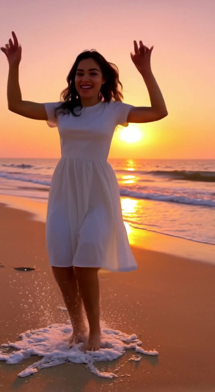 The woman dances joyfully on the beach, waves gently splashing around her feet in the warm sunlight.