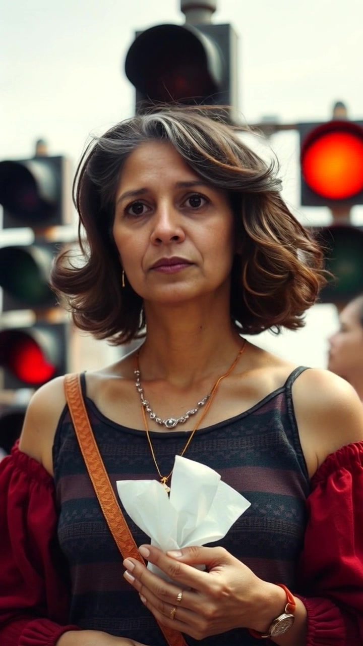 Subject: Ibu, a woman with a sturdy build and traditional clothing, clutching a bundle of tissues, standing at a red traffic light. Subject Movement: Still. Scene: Urban street corner with bustling activity, diverse passersby, and colorful street vendors in the background. Camera Language: Slow zoom in on Ibu's contemplative expression at the traffic light, capturing the vibrant cityscape around her. Lighting: Golden-hour sunlight casting warm tones and long shadows. Atmosphere: Reflective, serene, and imbued with a sense of urban life unfolding.