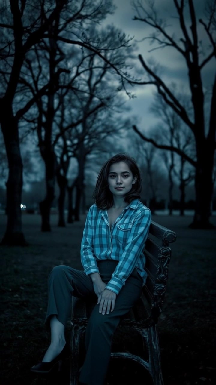 Scene: A woman sitting alone on a bench in a deserted park, surrounded by bare trees and an overcast sky, conveying solitude. Style: Soft, diffused lighting that accentuates the moodiness of the cloudy atmosphere. Motion: The camera performs a slow, dramatic dolly in toward the woman, capturing the emptiness of the park as the sound of a gentle breeze rustles the leaves above.