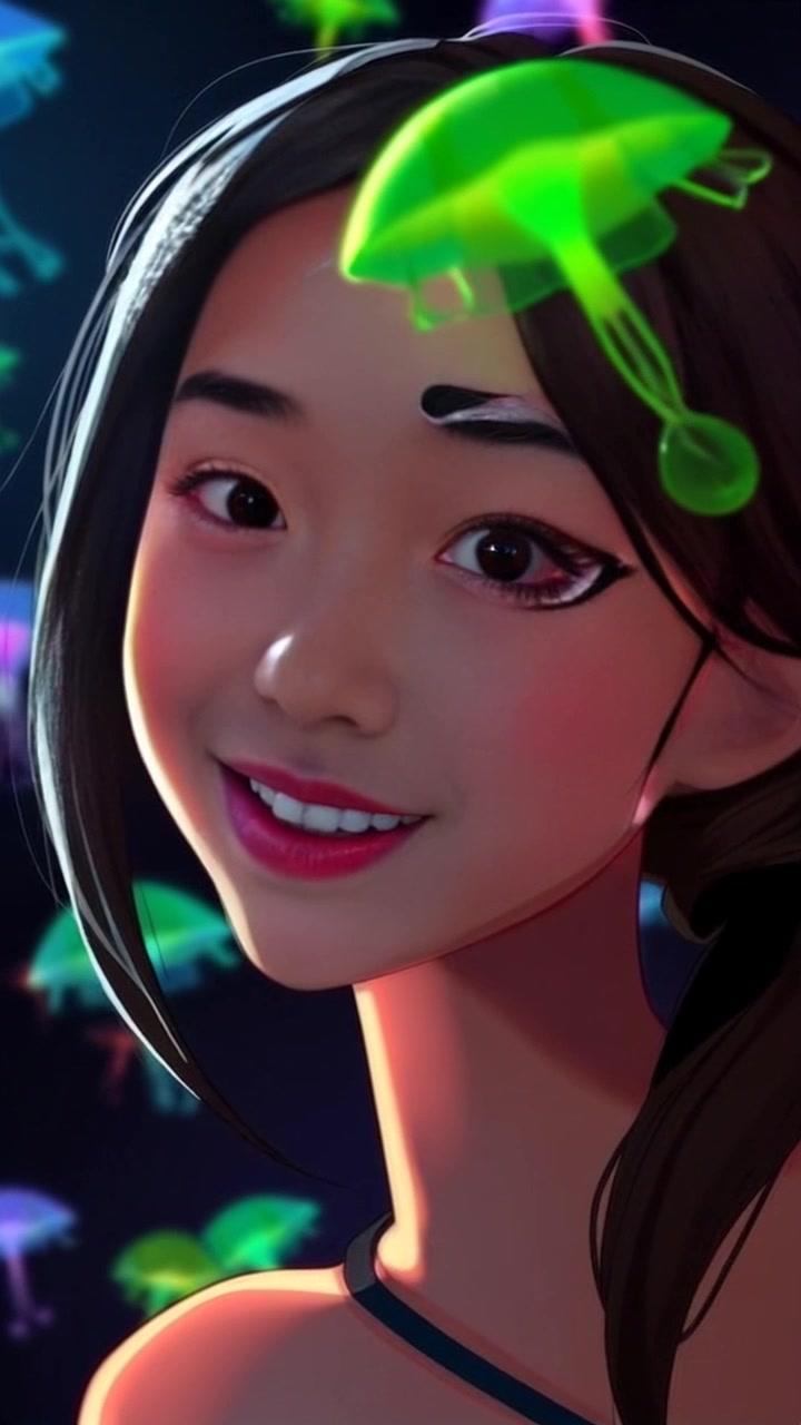 Subject: A young woman smiling softly, her face illuminated by warm sunlight. Scene: A close-up of her face set against a softly blurred, natural background of golden sunlight filtering through leaves. Motion: The camera slowly pushes in on her face, capturing the gentle nuances of her smile, with the warm light enhancing the inviting atmosphere.