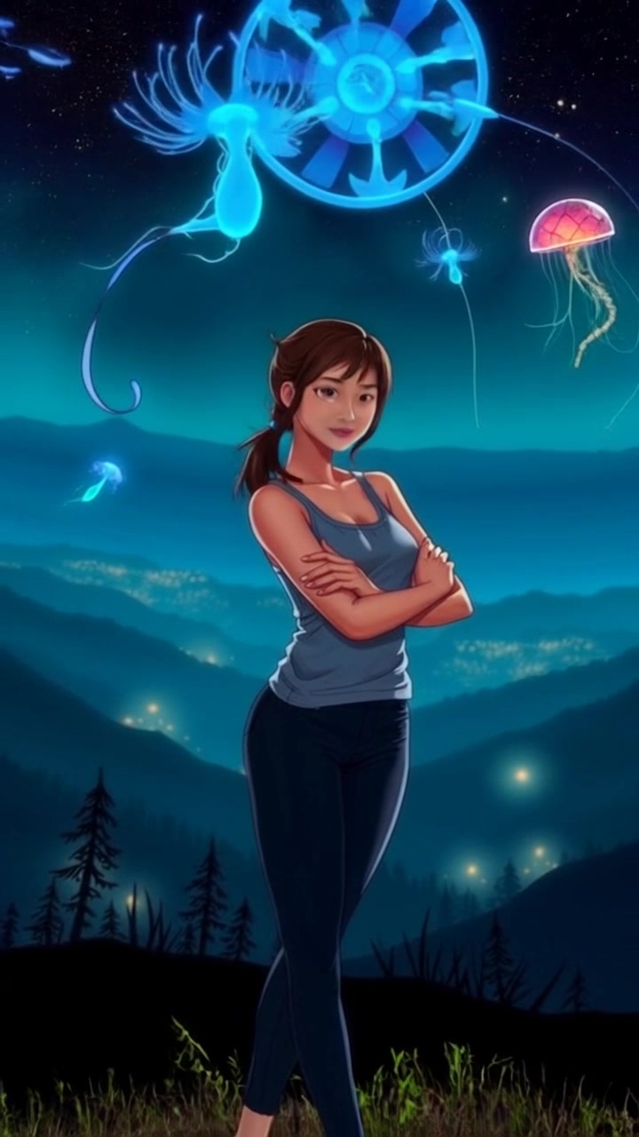 Subject: A young woman standing on a hilltop. Subject movement: She shifts her weight slightly, maintaining a confident stance with arms crossed as the wind gently tousles her hair. Scene: Scenic hilltop overlooking a lush valley with rolling hills and a bright blue sky. Lighting: Warm, late afternoon light casting soft shadows across the landscape. Motion: Camera begins with a close-up on the woman's face, then pulls back slowly to reveal the expansive valley behind her, establishing a sense of scale and freedom.