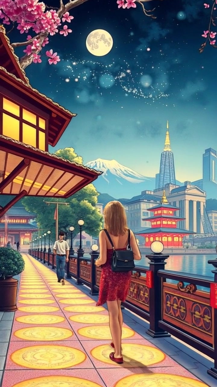 Subject: A solitary wanderer moving slowly along glowing paths. Scene: Inside a vibrant, mystical city with enchanting architecture and shimmering lights that create an ethereal atmosphere. Style: Ambient lighting with a blend of cool and warm tones, enhancing the magical ambiance. Motion: The camera glides smoothly alongside the wanderer, capturing their contemplative expression as they take in the captivating scenery around them.