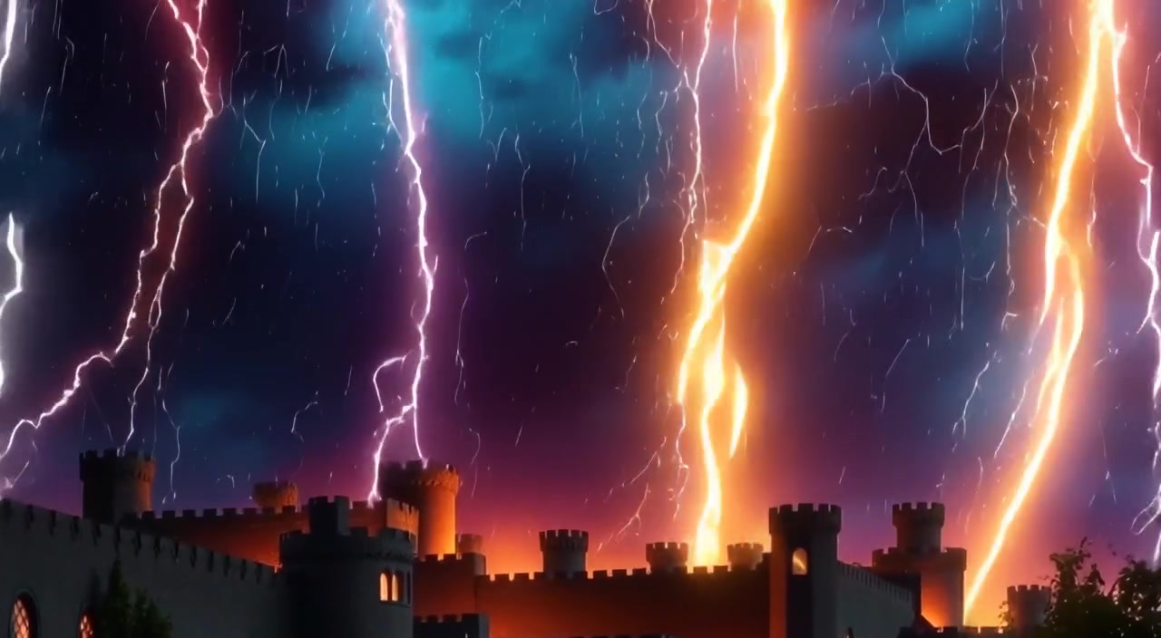 Lightning strikes illuminate the night sky, casting shadows as they fork in different directions, creating a dramatic atmosphere.