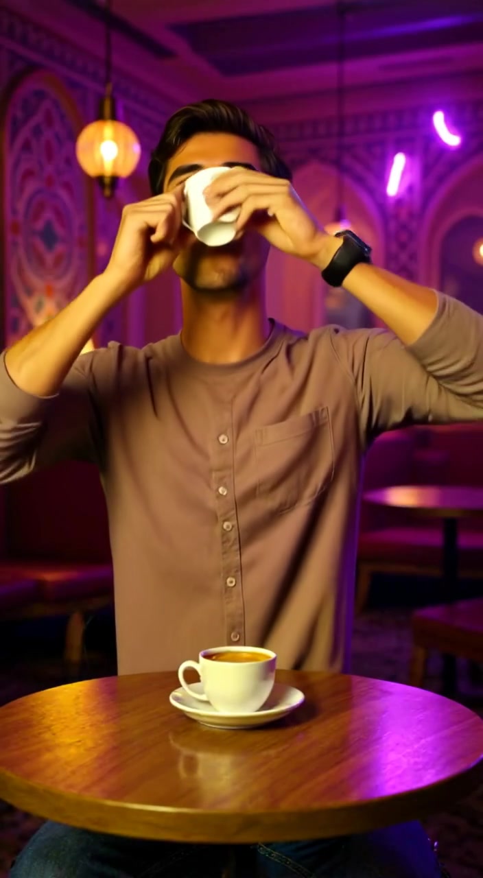 The man lifts his coffee cup with a joyful expression, sunlight illuminating the café table.