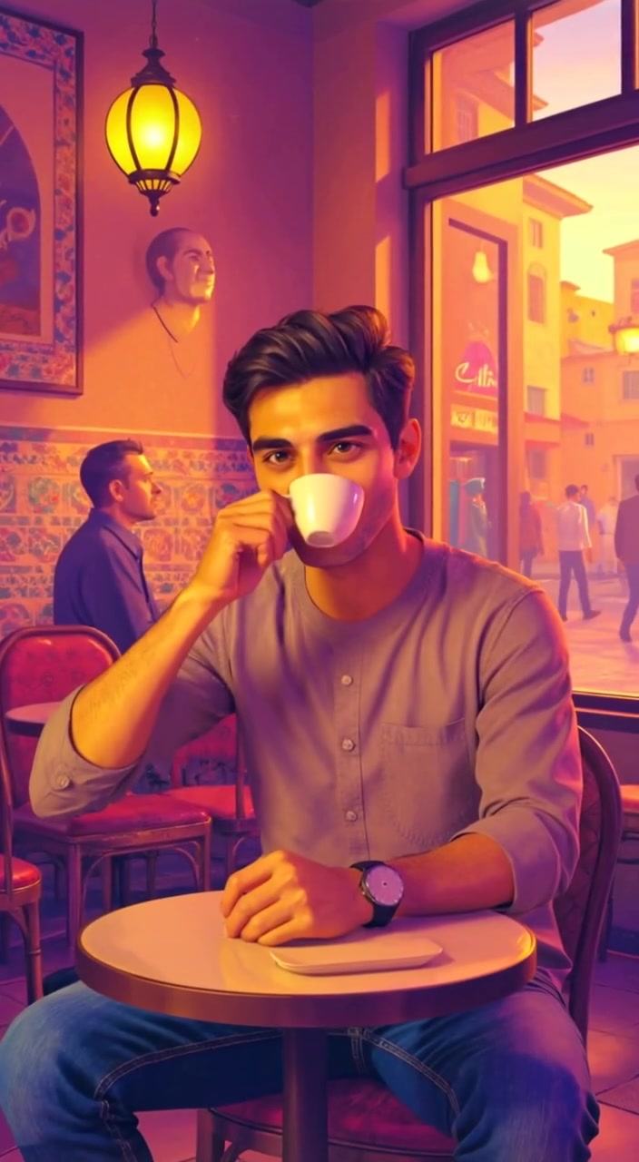 The man takes a gentle sip of tea as city life buzzes in the background.