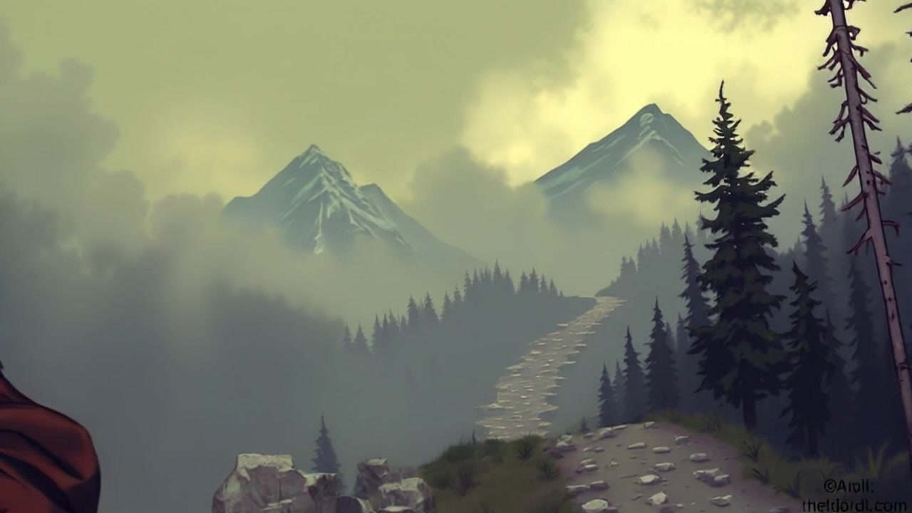 Scene: A winding path leading up a mountain, flanked by dense trees and enveloped in soft mist. Style: Diffused lighting creates an ethereal atmosphere, with a gentle glow penetrating the fog. Motion: Camera glides smoothly along the path, revealing the serene landscape while capturing glimpses of the towering trees as they fade into the mist.
