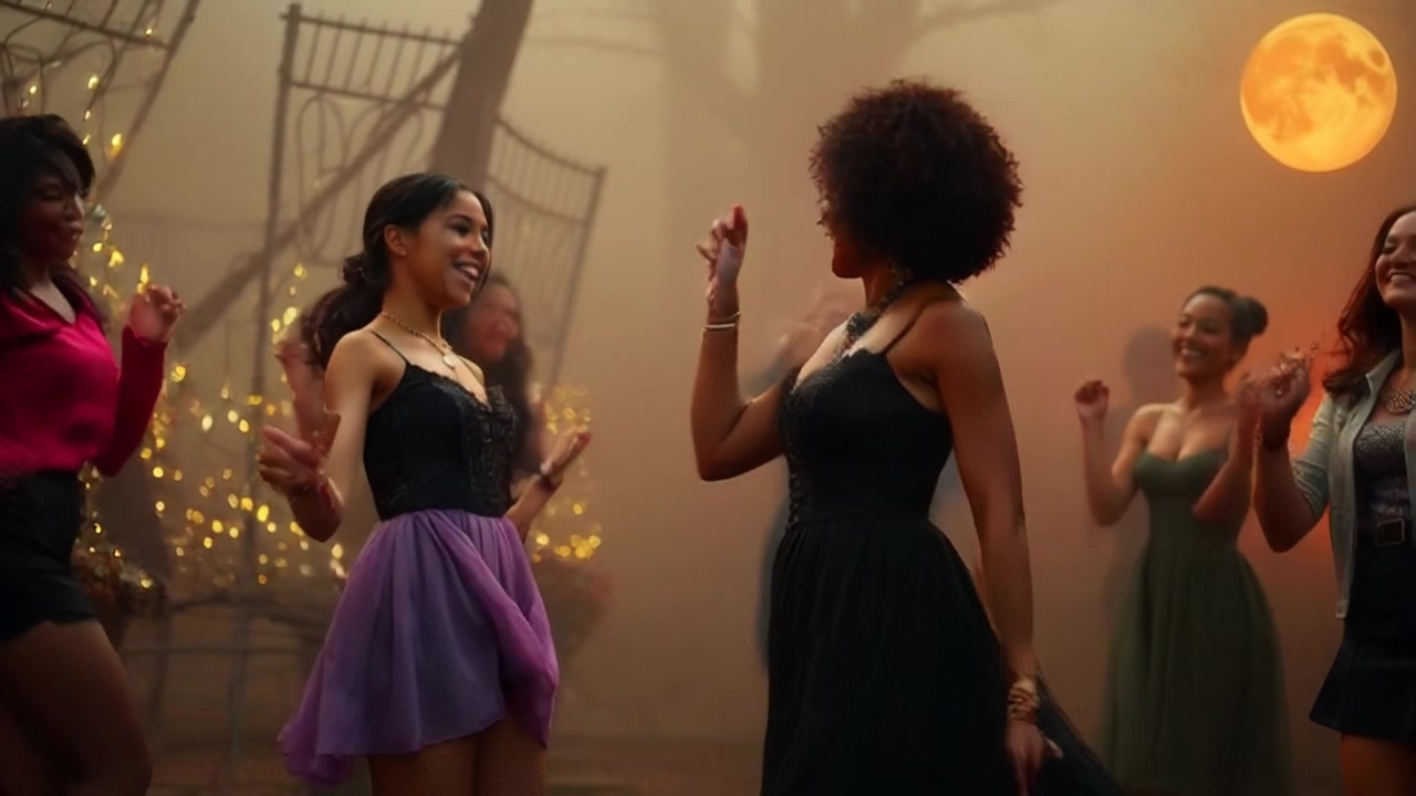 Subject: A group of friends dancing joyfully together. Subject movement: Racheal energetically leads the dance, twirling and encouraging her friends to join in, their laughter ringing out. Scene: A vibrant outdoor setting filled with colorful decorations and soft string lights, creating an inviting, festive atmosphere. Lighting: Warm evening light casting a golden glow over the scene, adding to the playful mood. Motion: Camera performs a sweeping panning shot, capturing the dynamic movements of the group as they move in rhythm, with close-up shots highlighting their smiles and expressions of joy.