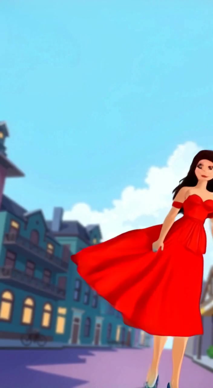 The woman walks gracefully, her bright red dress swaying gently in the soft breeze.