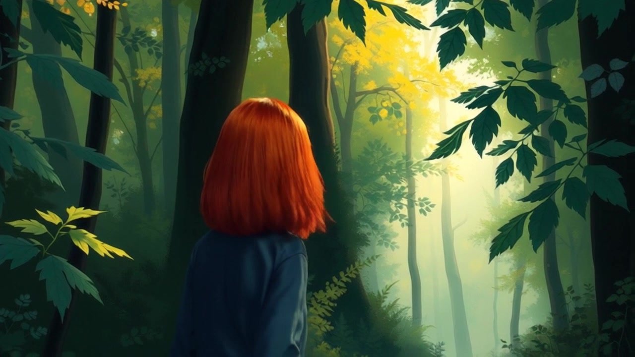 Scene: A thick, green forest with sunlight filtering through the dense trees, casting dappled light on the forest floor. Style: Warm, inviting light illuminating patches of foliage, creating a serene atmosphere. Motion: Handheld camera tracking shot as it smoothly follows Elara entering the forest, capturing her gentle movements amidst the lush greenery.