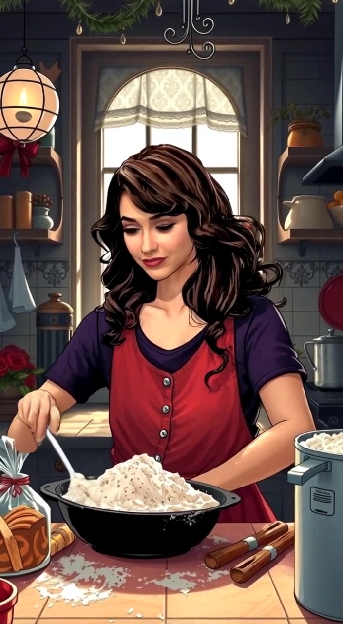 The woman gently stirs batter in a bowl, sunlight streaming through the kitchen window, illuminating the cheerful decorations.