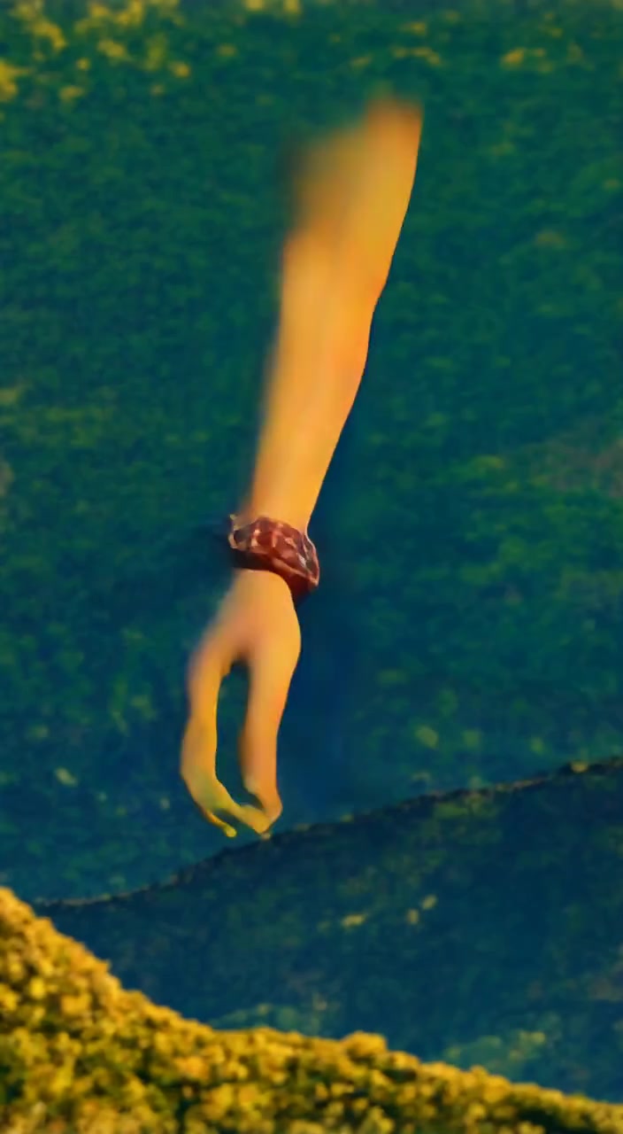 The woman gazes over the cliff, her hair gently swaying in the breeze as the valley stretches below.