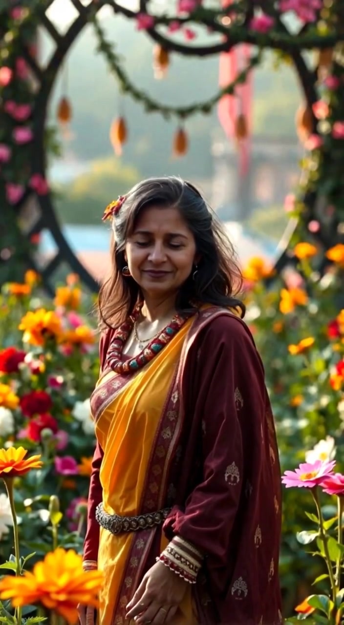 The woman gently sways in the garden, flowers blooming vibrantly all around her.